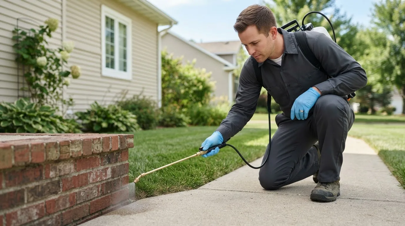 Pest control technician treating a home near Amston, CT